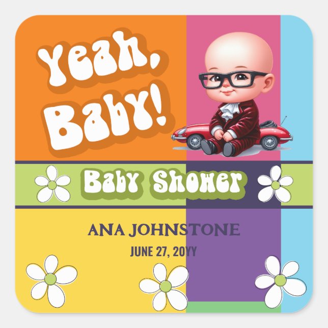 Yeah Baby Retro Baby Dusche Quadratischer Aufkleber (Vorderseite)