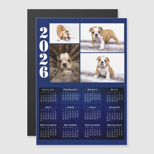 Year 2026 Calendar Dog Pet 4 Photo Collage Magnet (Vorne/Hinten)