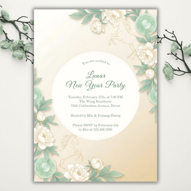 Year of the Horse Zodiac 2026 Lunar New Year Einladung (Modern Pastel Chinoiserie Floral Lunar New Year Party Invitation)