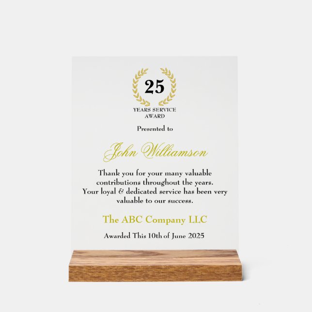 Years Services Award Acrylschild (Vorderseite)