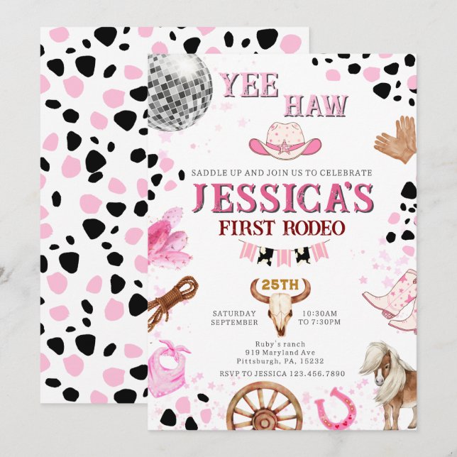 Yee Haw Disco Cowgirl Rodeo Birthday Einladung (Vorne/Hinten)