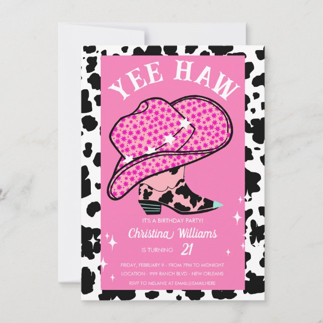 Yee Haw Pink Cowgirl Rodeo Birthday Einladung (Vorderseite)