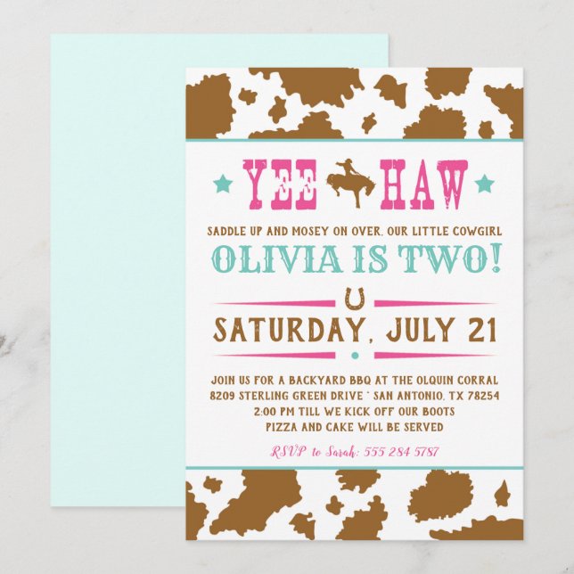 Yee Haw Rodeo Cowgirl Anniversaire Invitation (Devant / Derrière)