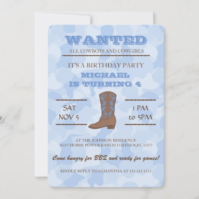 YEEHAW! Blaue Cowboy-Geburtstags-Party Einladung (Vorderseite)