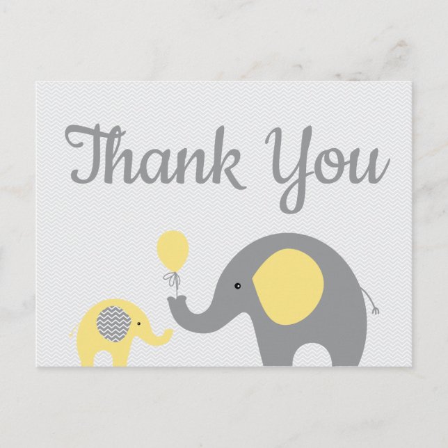 Yello Grey Elephant Baby Shower Danke Postcard Postkarte (Vorderseite)