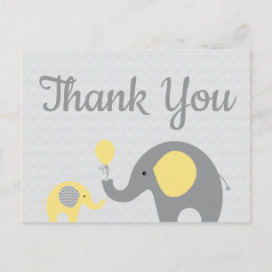 Yello Grey Elephant Baby shower Merci carte postal