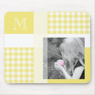 Yellow Add Your Foto Gingham Modern Monogram Mousepad