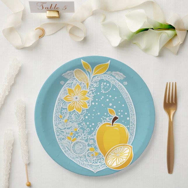 Yellow and blue fruit patterns AI art  Pappteller (Hochzeit)