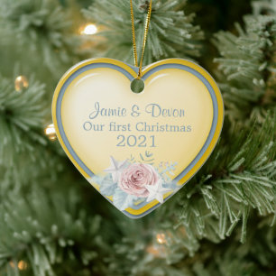 Yellow and Blue Heart New Weds Erstes Weihnachtsfe Keramik Ornament