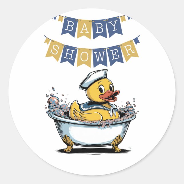 Yellow and Blue Rubber Duck Boy Baby Showdusche Runder Aufkleber (Vorderseite)