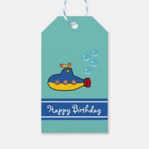 Yellow and Blue Toy U-Boot Happy Birthday Geschenkanhänger