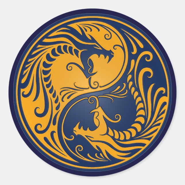 Yellow and Blue Yin Yang Dragons Runder Aufkleber (Vorderseite)