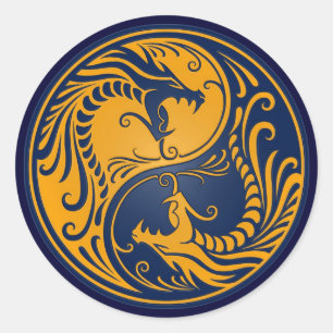 Yellow and Blue Yin Yang Dragons Runder Aufkleber