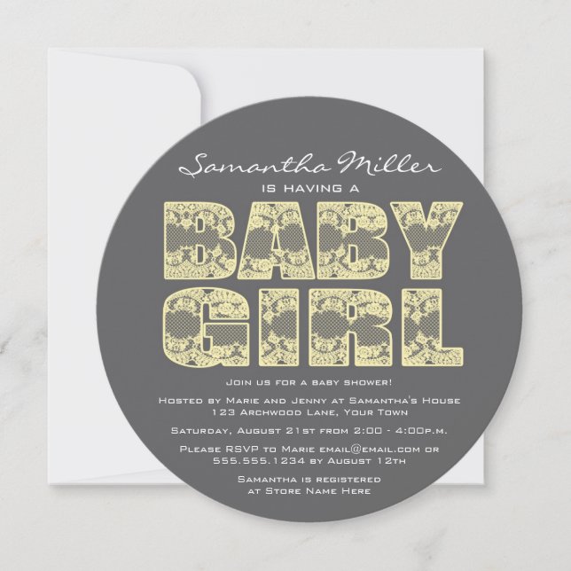 Yellow and Gray Lace Round Baby Dusche Einladung (Vorderseite)