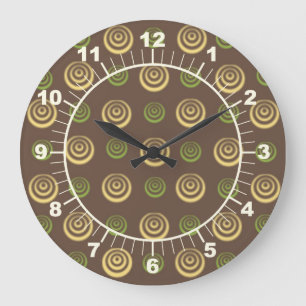 Yellow and Green Circles on Brown  Wall Clock Große Wanduhr