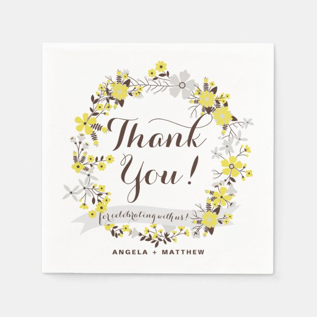 Yellow and Grey Floral Wreath Wedding Vielen Dank Serviette (Vorderseite)