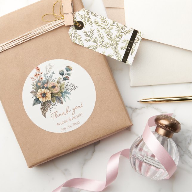 Yellow and Peach Floral Wedding Vielen Dank Runder Aufkleber (Schenken)