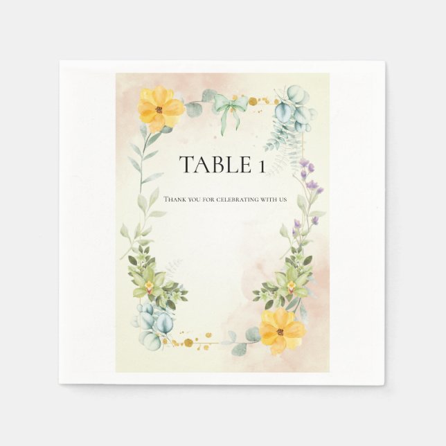Yellow and Pink Floral Wedding Table Number Serviette (Vorderseite)