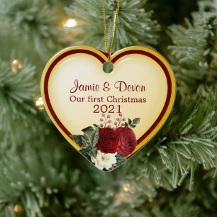 Yellow and Red Heart New Weds First Christmas Keramik Ornament
