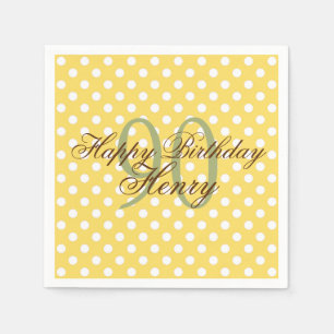 Yellow and White Fun Polka Dot 90th Birthday Paper Serviette