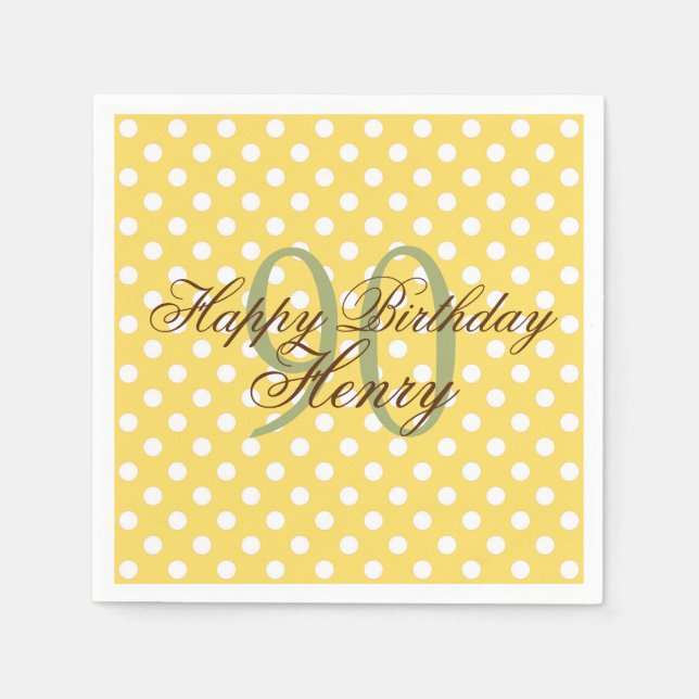 Yellow and White Fun Polka Dot 90th Birthday Paper Serviette (Vorderseite)