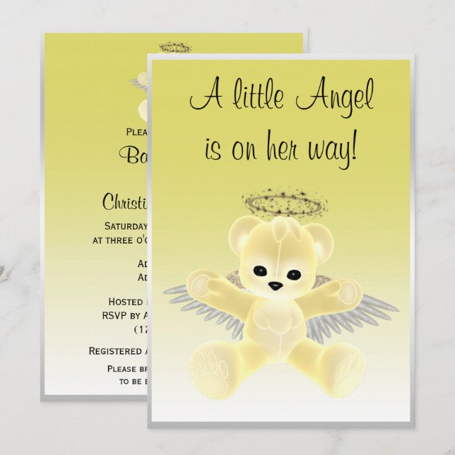 Yellow Angel Teddy Bear Baby Dusche Einladung (Vorne/Hinten)