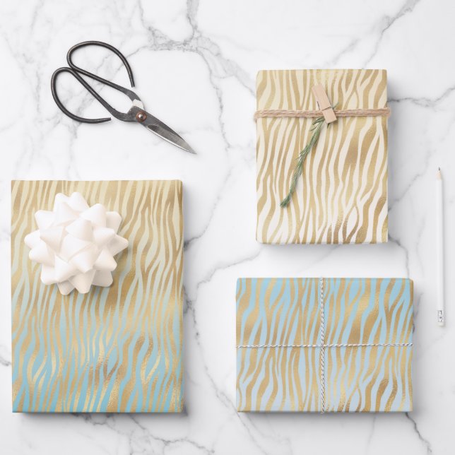 Yellow Aqua Ombre Gold Zebra Print Geschenkpapier Set (Vorderseite)