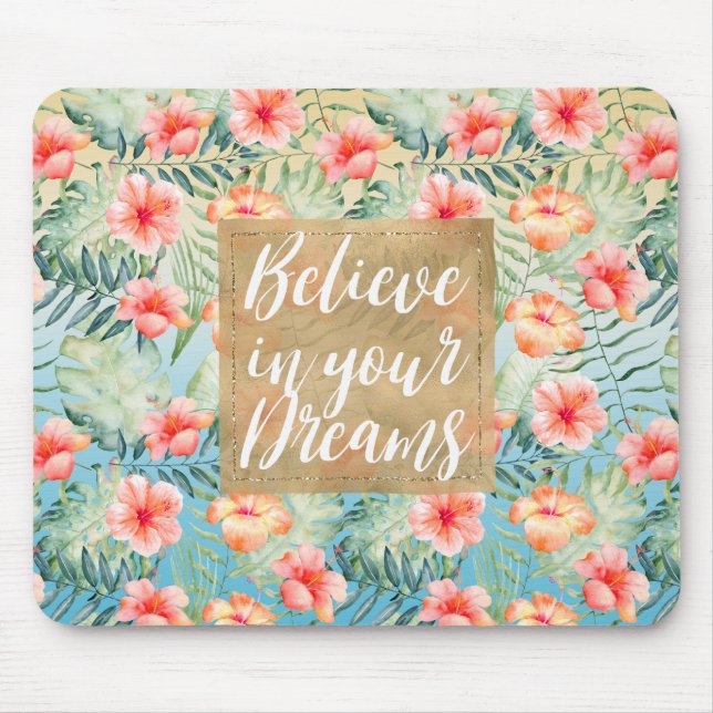 Yellow Aqua Pink Peach Hibiscus Floral Gold Dream Mousepad (Vorne)