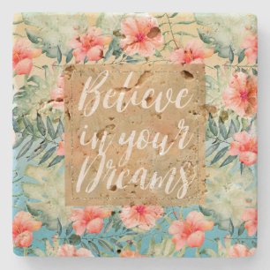 Yellow Aqua Pink Peach Hibiscus Floral Gold Dream Steinuntersetzer