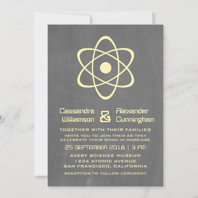 Yellow Atomic Chalkboard Wedding Invite Einladung (Vorderseite)