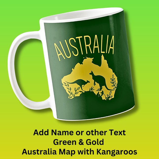 Yellow Australia Karte mit Kangaroos auf Dunkelgrü Kaffeetasse (Von Creator hochgeladen)
