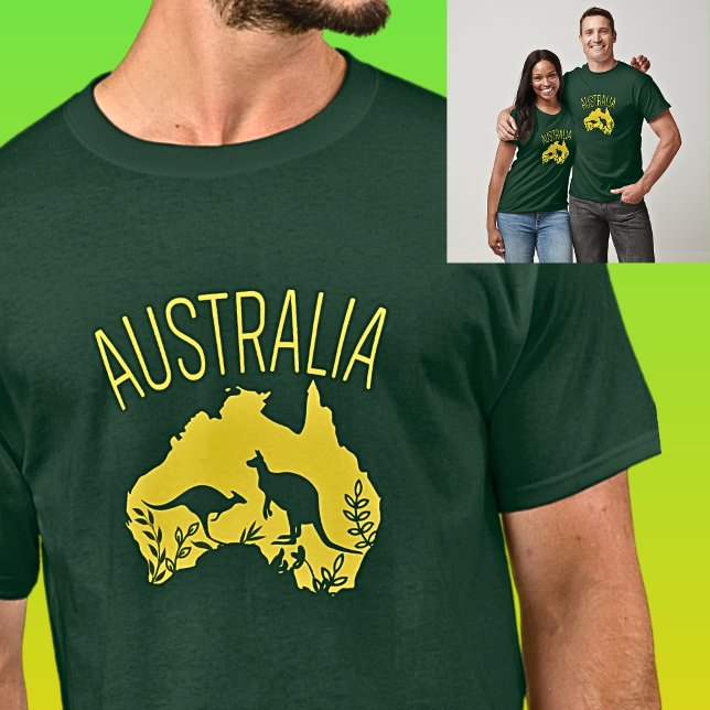 Yellow Australia Karte mit Kangaroos auf Dunkelgrü T-Shirt (Von Creator hochgeladen)