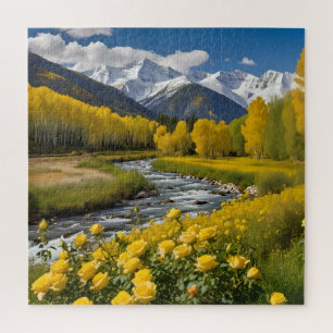 Yellow Autumn Snowy Mountains Aspen River