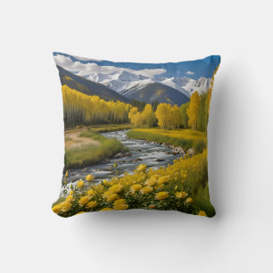 Yellow Autumn Snowy Mountains Aspen River Kissen