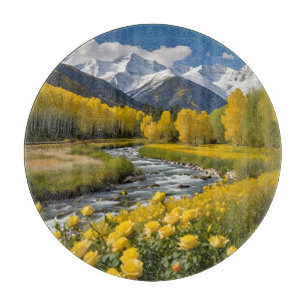 Yellow Autumn Snowy Mountains Aspen River Schneidebrett