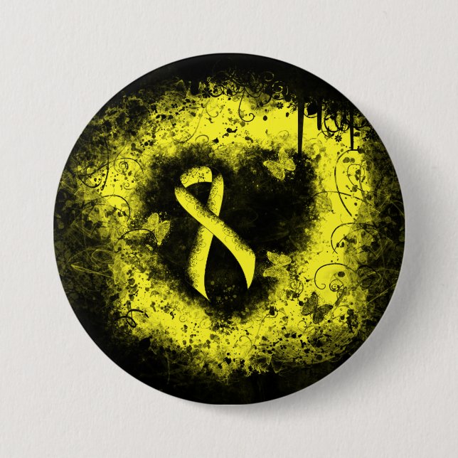 Yellow Awareness Ribbon Grunge Herz Button (Vorderseite)