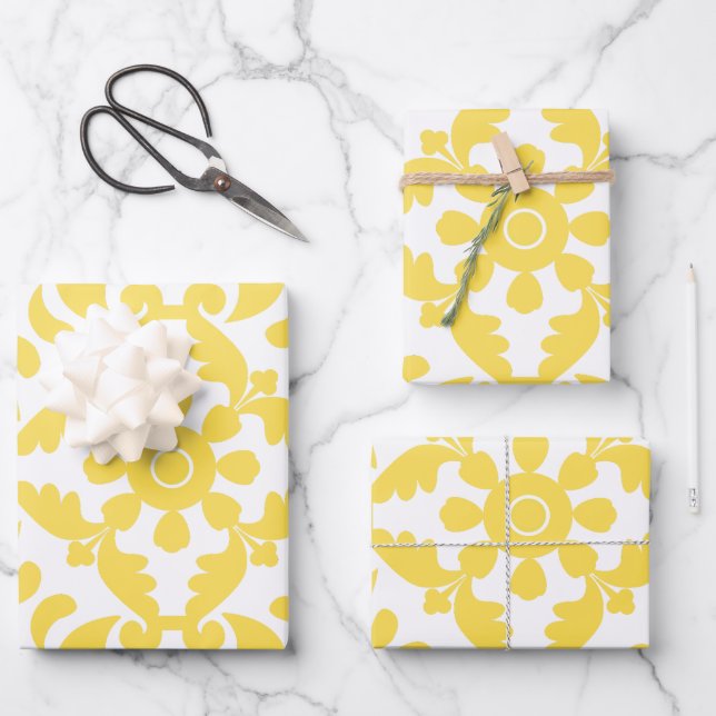 Yellow Azulejos Portugiesisches Mittelmeer Geschenkpapier Set (Vorderseite)