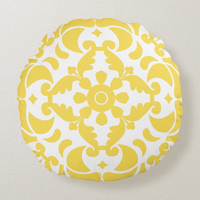 Yellow Azulejos Portugiesisches Mittelmeer Rundes Kissen (Vorderseite)