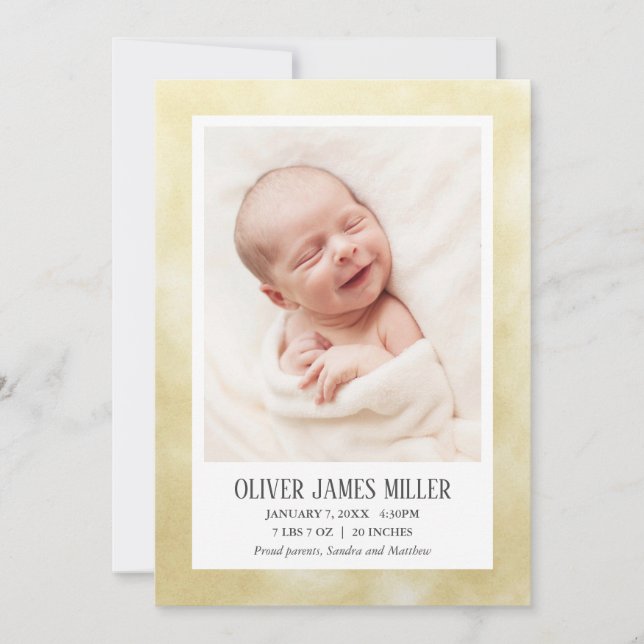 Yellow Baby Birth Announcement Foto Card Ankündigung (Vorderseite)