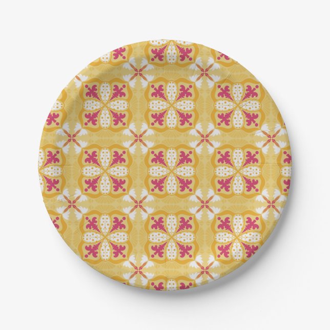 yellow back & symmetrical pink floral pattern  pappteller (Vorderseite)