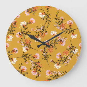 Yellow background flowers große wanduhr