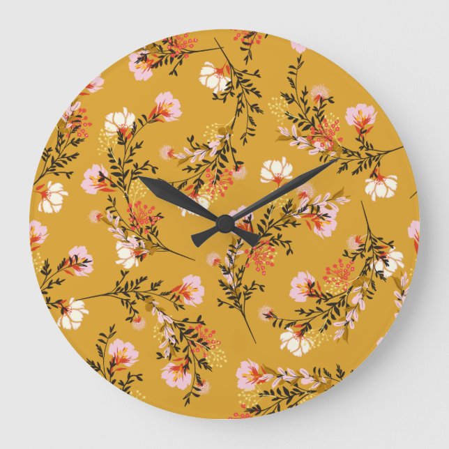 Yellow background flowers große wanduhr (Vorderseite)