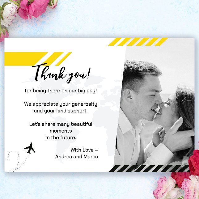 Yellow Beach Wedding Boarding Pass Danke Karte (Sunny Yellow Boarding Pass Wedding Thank You Card)