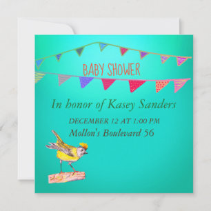Yellow Bird Flags Blue Baby Dusche Einladung