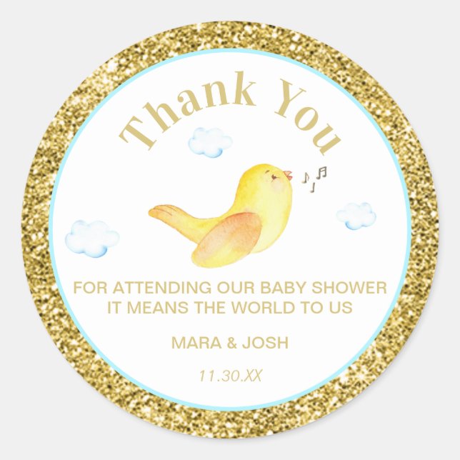 *~* Yellow Birdie Clouds Sky Baby Dusche Vielen Da Runder Aufkleber (Vorderseite)