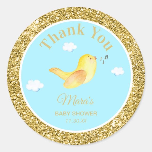 *~* Yellow Birdie Sky Cloud Baby Dusche Vielen Dan Runder Aufkleber (Vorderseite)