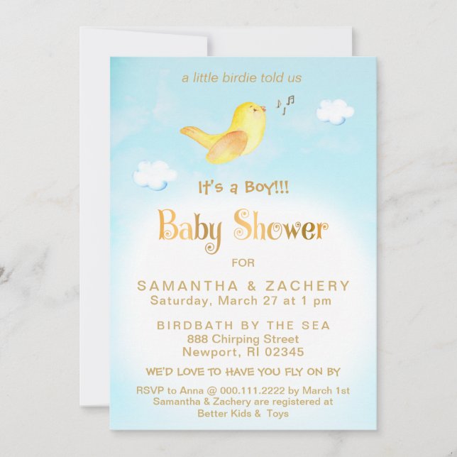 *~* Yellow Birdie Sky Cloud Baby Shower Einladung (Vorderseite)