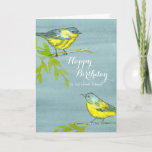 Yellow Birds Happy Birthday Friend Karte<br><div class="desc">Eine hübsche Geburtstagskarte für einen süßen Freund mit zwei hellgelben Laubvögeln,  die auf Baumzweigen mit gelben Blätter in Stift und Tinte mit Aquarellfarbe auf grauem Aquarellhintergrund gezeichnet sind.  Sie können den Text an Ihre Bedürfnisse anpassen.</div>