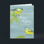 Yellow Birds Happy Birthday Friend Karte<br><div class="desc">Eine hübsche Geburtstagskarte für einen süßen Freund mit zwei hellgelben Laubvögeln,  die auf Baumzweigen mit gelben Blätter in Stift und Tinte mit Aquarellfarbe auf grauem Aquarellhintergrund gezeichnet sind. Sie können den Text an Ihre Bedürfnisse anpassen.</div>