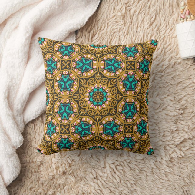 Yellow Black Aquamarin Geometric Mandela Pattern Kissen (Decke)